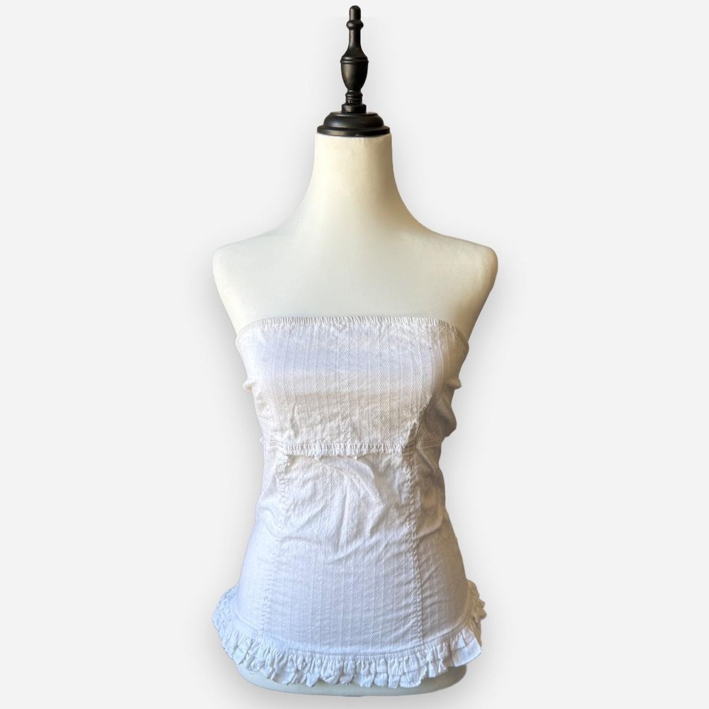 G by Guess White Ruffle Trim Tube Top Y2K Smocked Back Bow Detail Medium